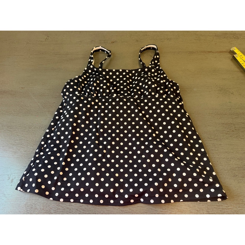 Lands End Polka Dot Tankini Swim Top Black White Underwire Size 10